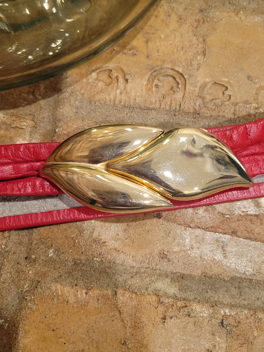 Vintage 80's Red Leather Waist Belt with Gold Leaf Accent